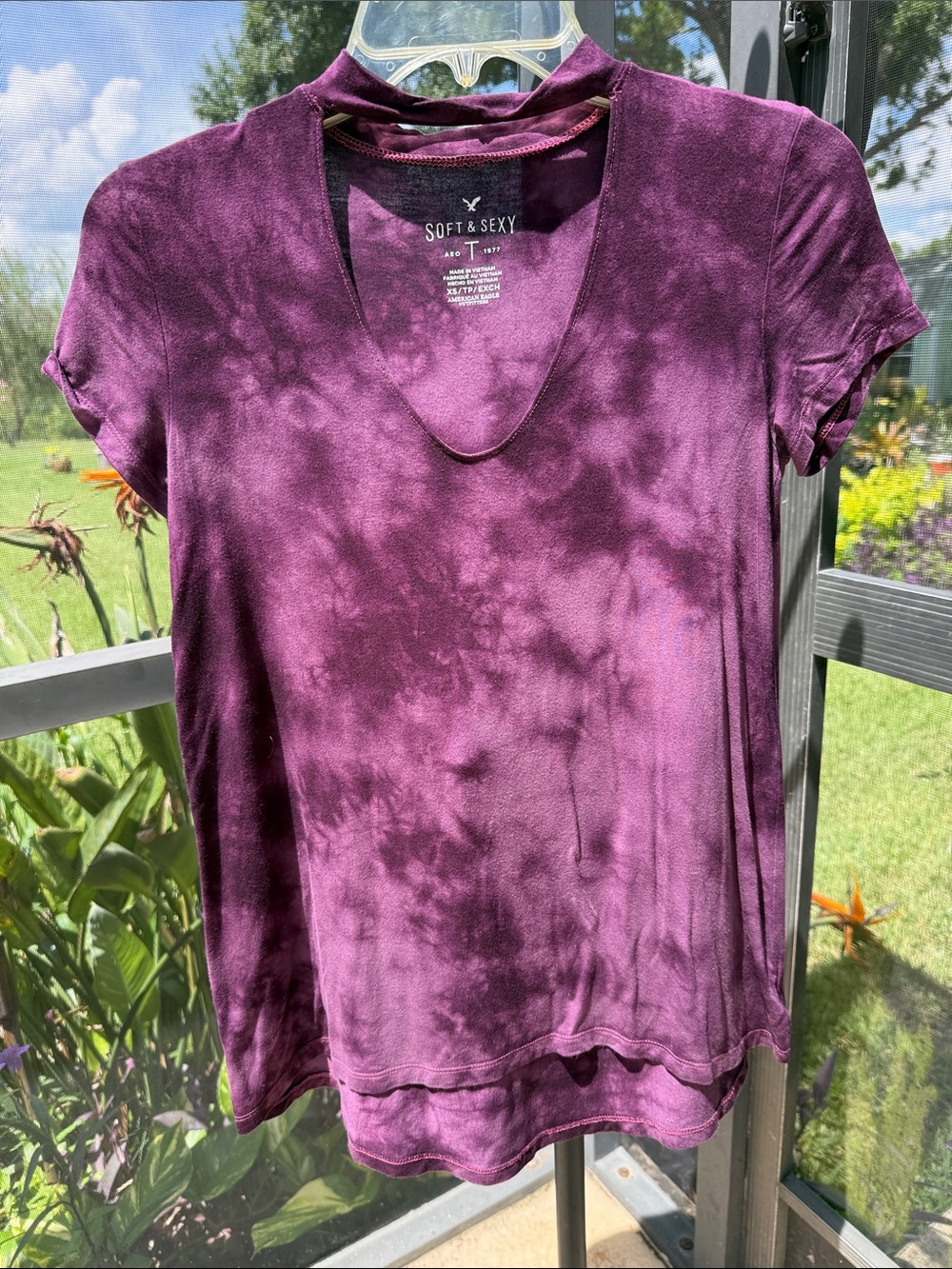 Soft & Sexy Women’s Short Sleeve V-Neck Tee in Plum Tie-Dye